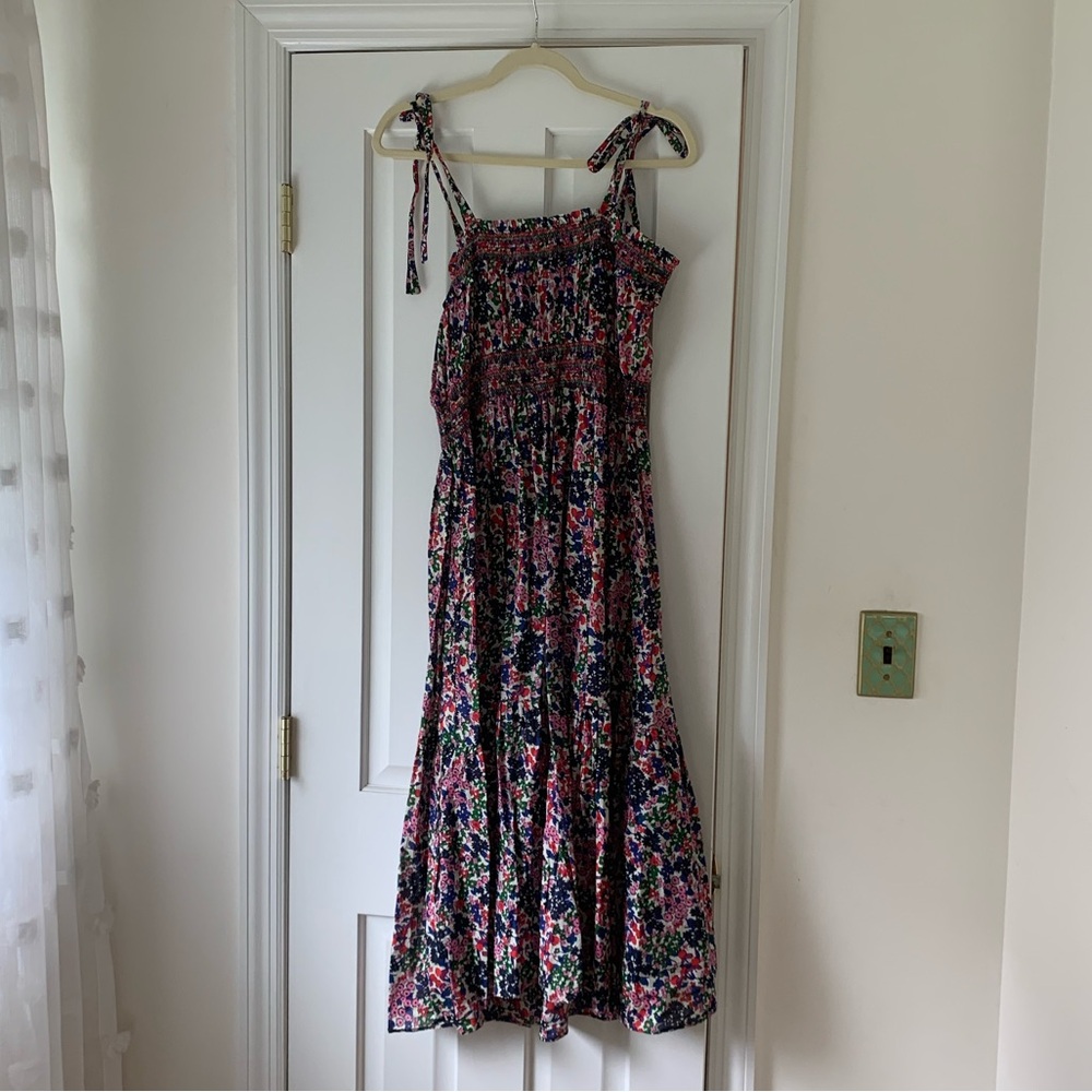 J Crew Midi Length Sundress. Floral pattern with tie straps and smocking.
